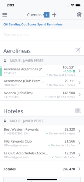 Vista de la app Awardwallet