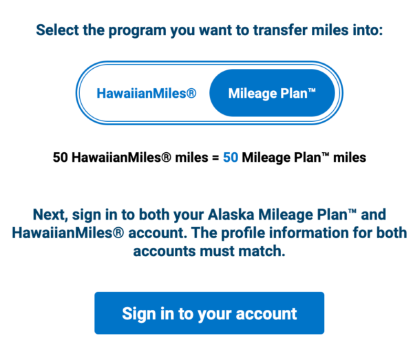 Captura de portal de transferencia Hawaiian Miles y Mileage Plan